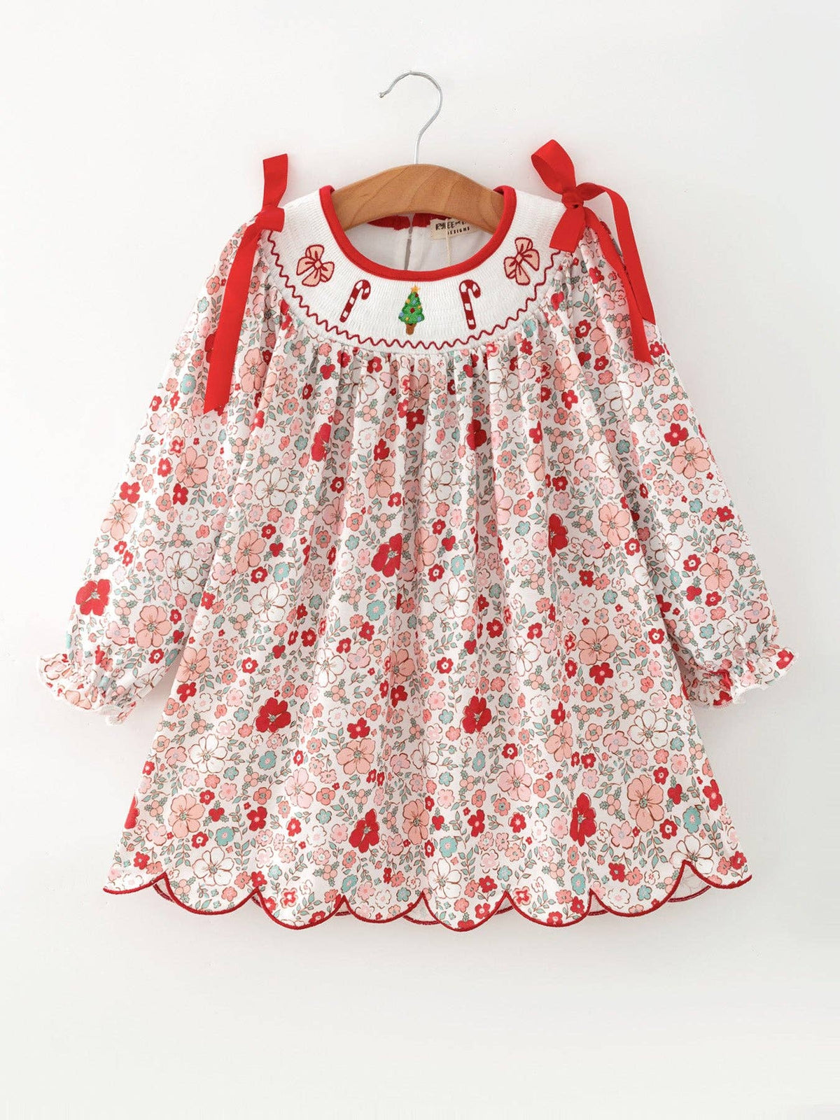 Christmas Red Floral Girls Dress Candy Cane Bow Embroidery Dress