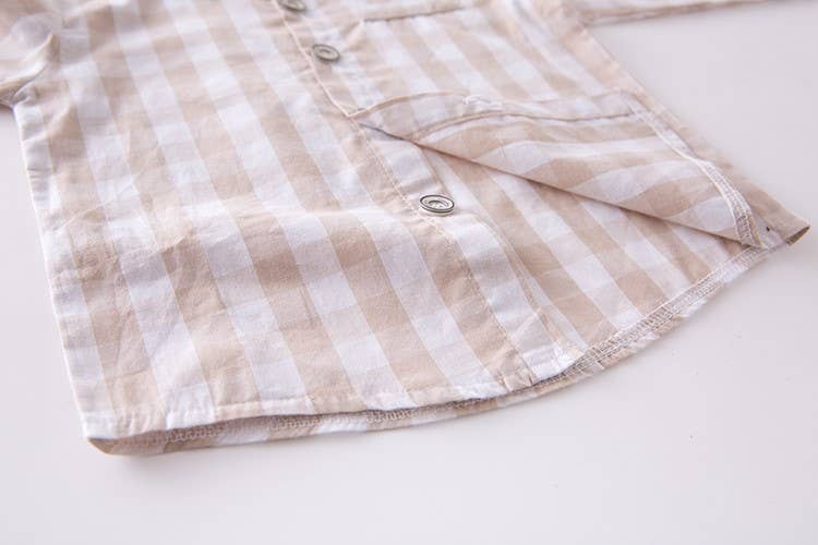 Beige & White Plaid Cotton Button-Down Shirt