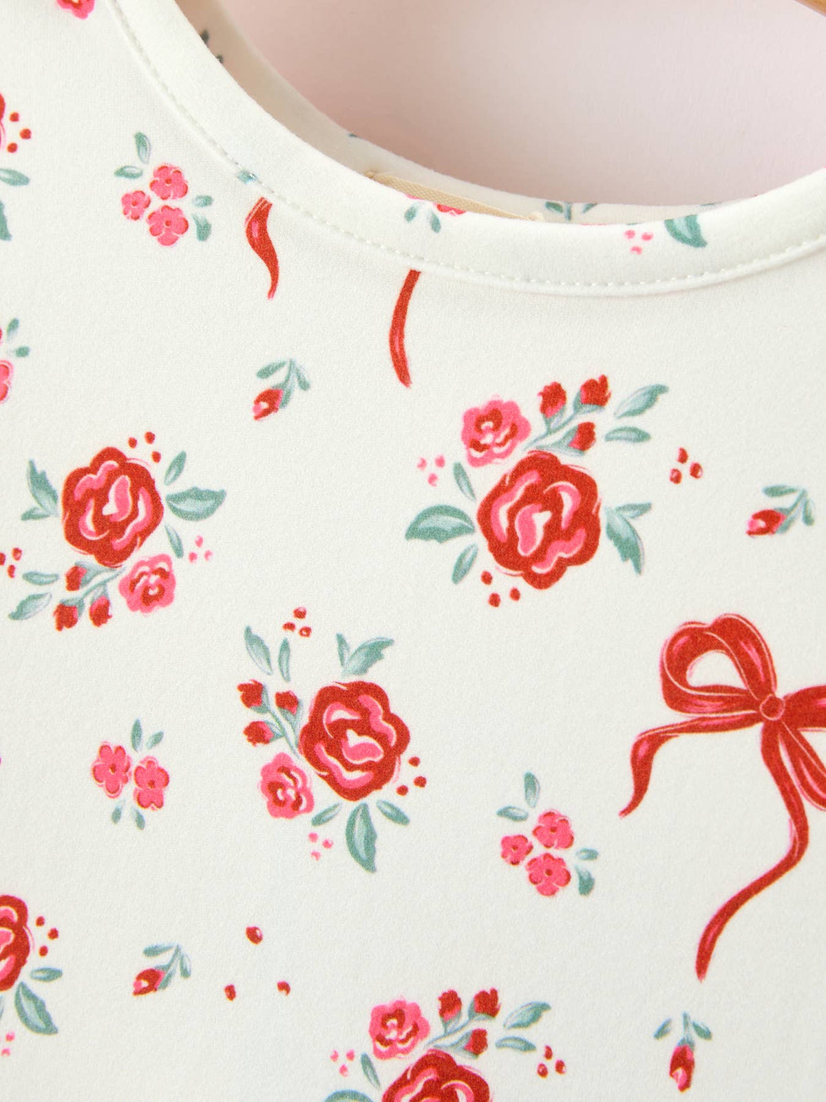 Red Rose Bow Print Twirl Girls Dress