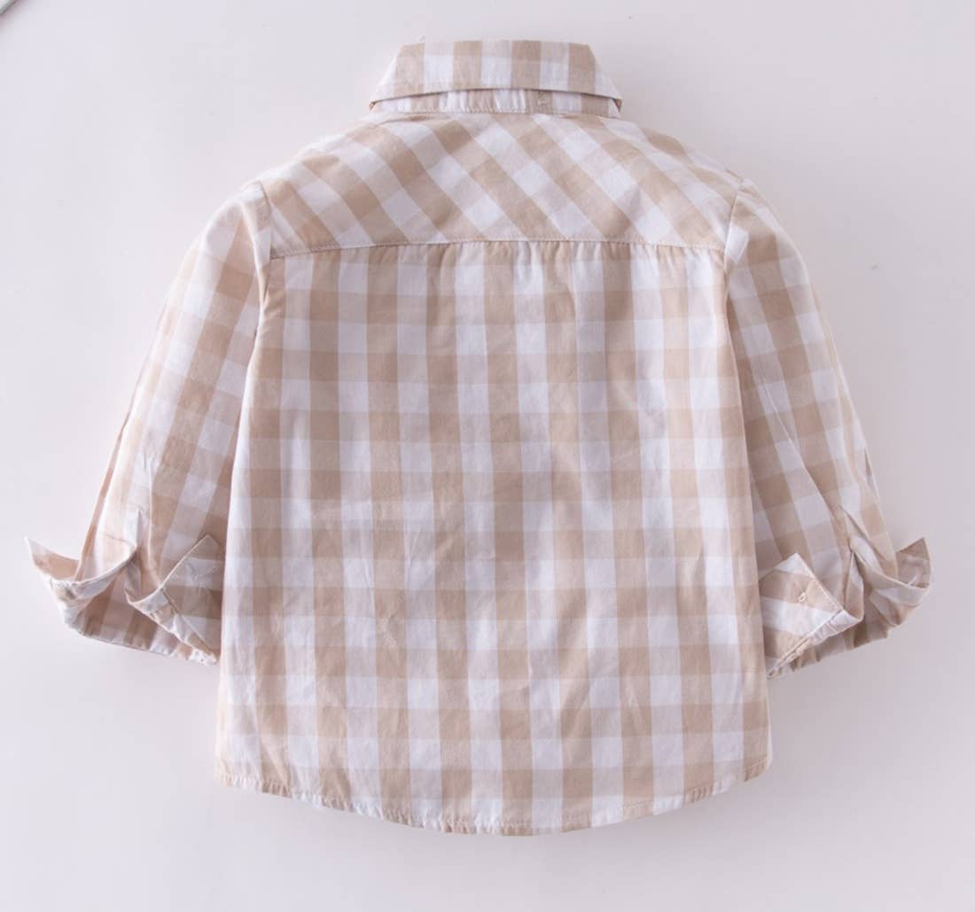 Beige & White Plaid Cotton Button-Down Shirt
