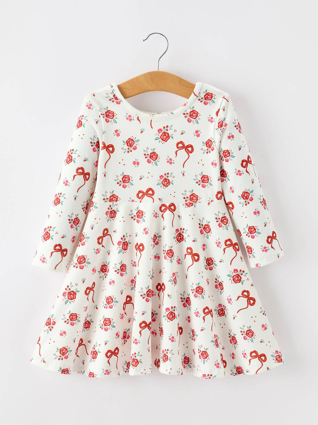 Red Rose Bow Print Twirl Girls Dress