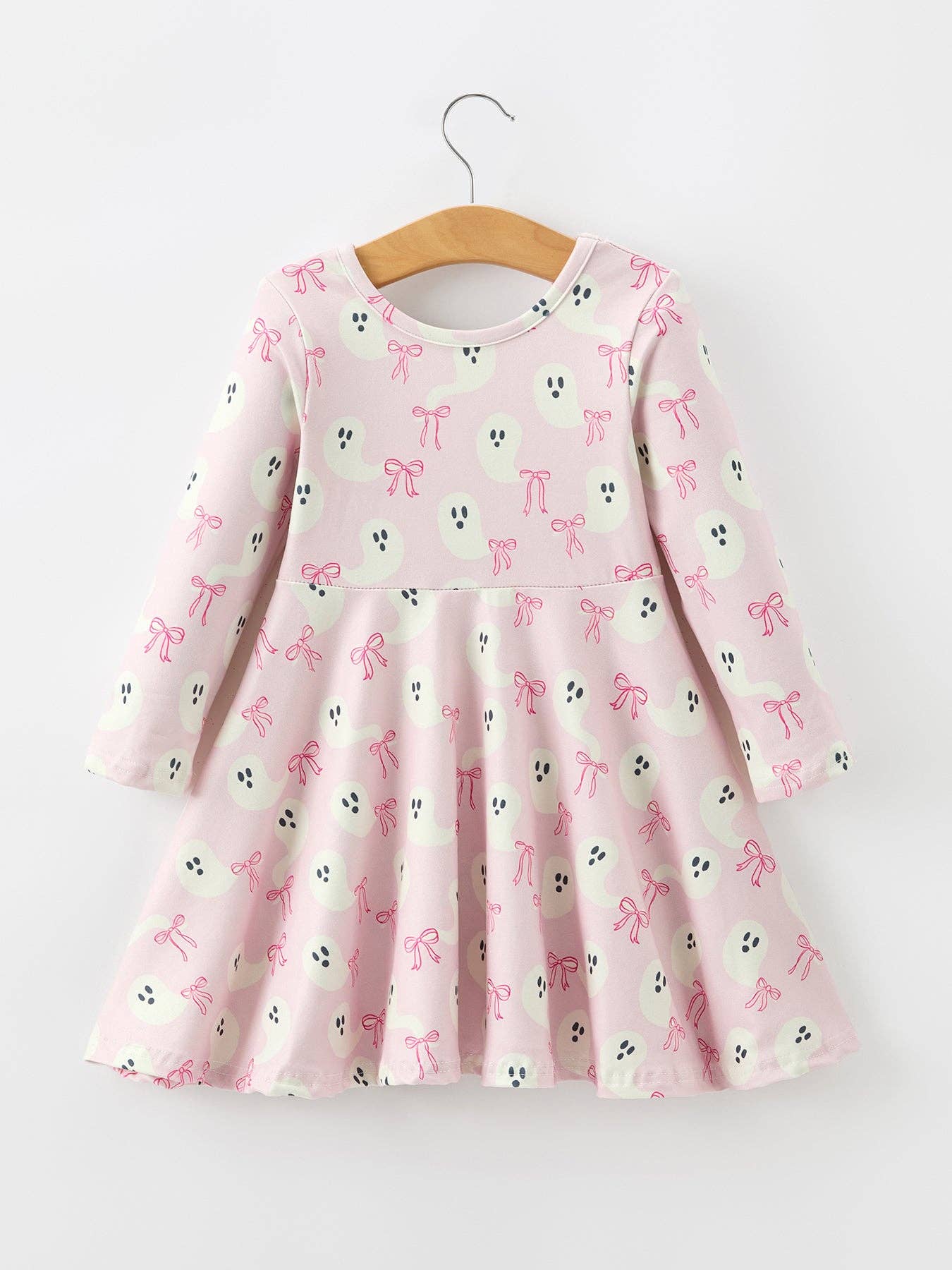 Halloween Ghost Bow Print Girls Long Sleeve Twirl Dress