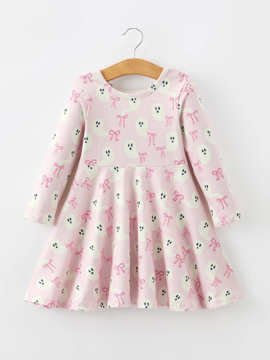 Halloween Ghost Bow Print Girls Long Sleeve Twirl Dress
