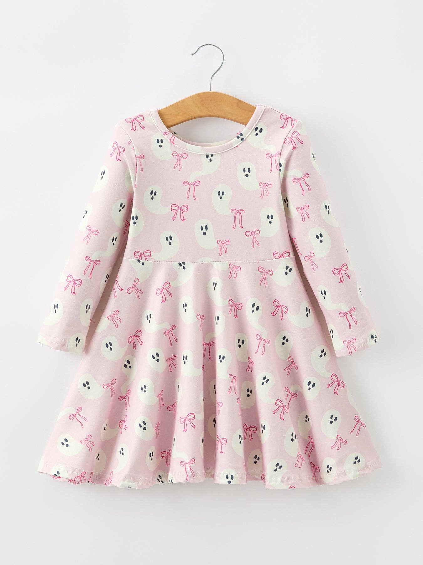 Halloween Ghost Bow Print Girls Long Sleeve Twirl Dress