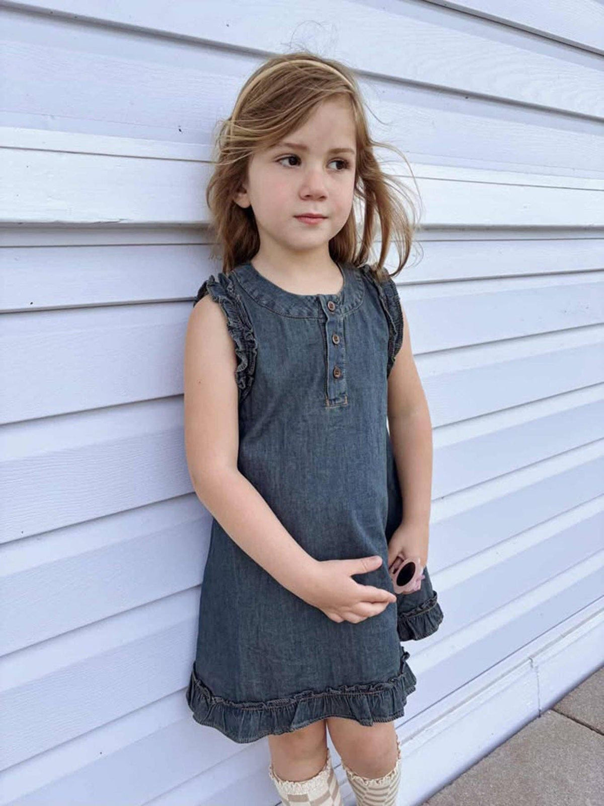 Vintage Denim Ruffle Girls Dress