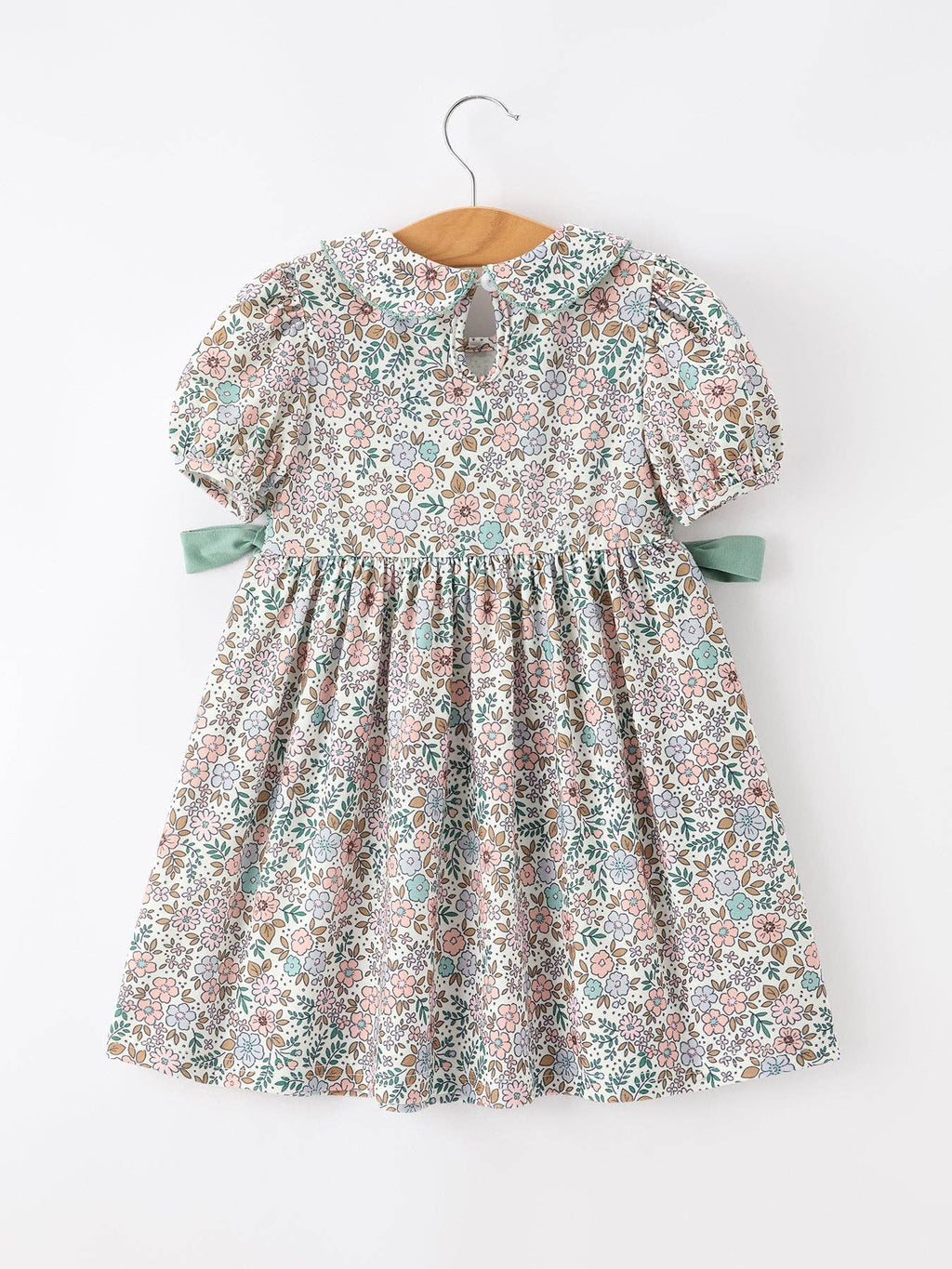 Sage Green Bow Floral Smocked Girl Dress