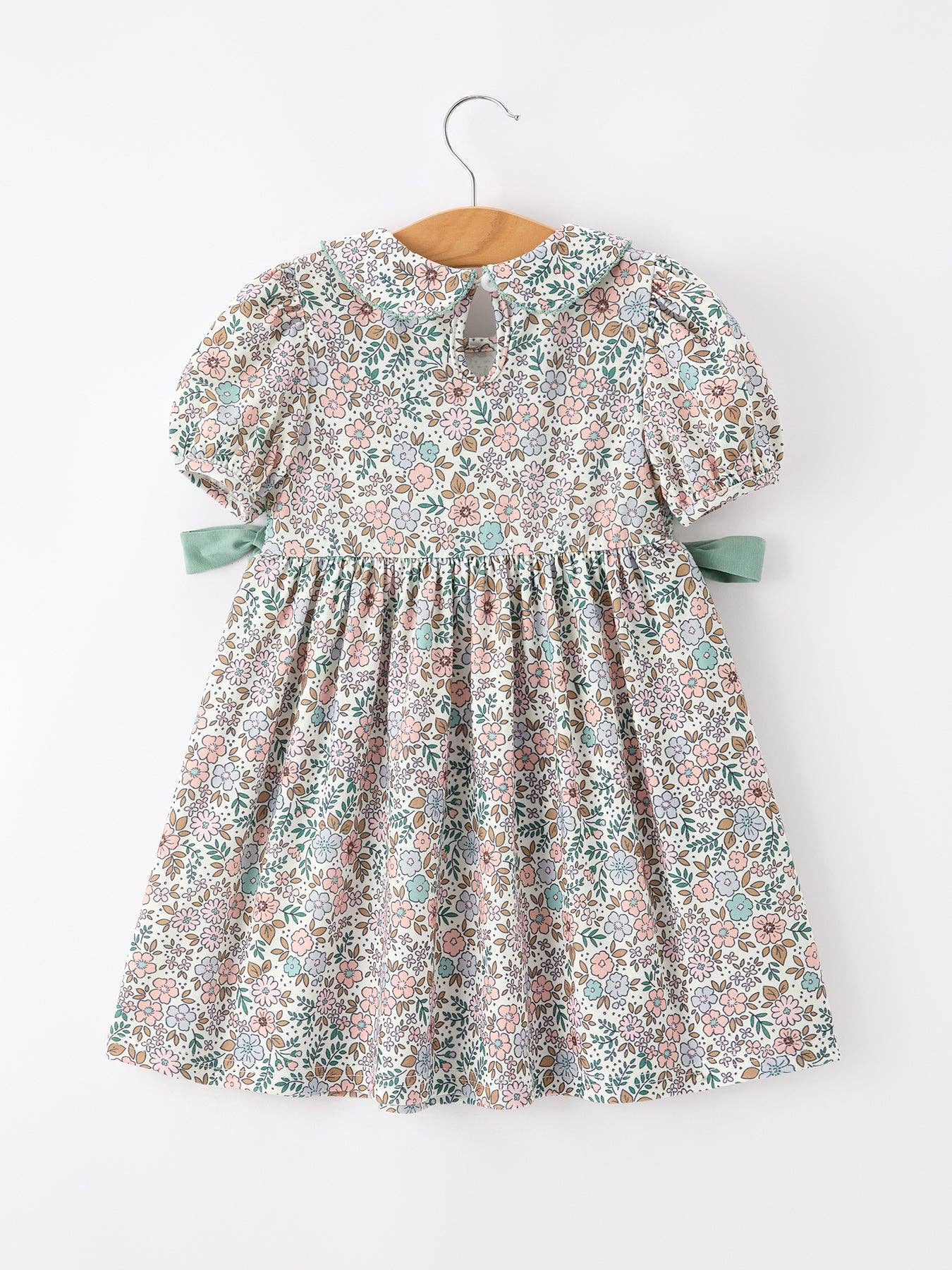 Sage Green Bow Floral Smocked Girl Dress