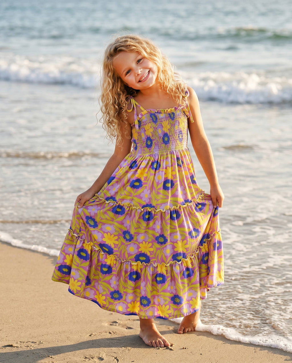 Kids Leilani Lavender Floral Tiered Summer Maxi Dress
