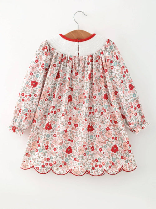 Christmas Red Floral Girls Dress Candy Cane Bow Embroidery Dress