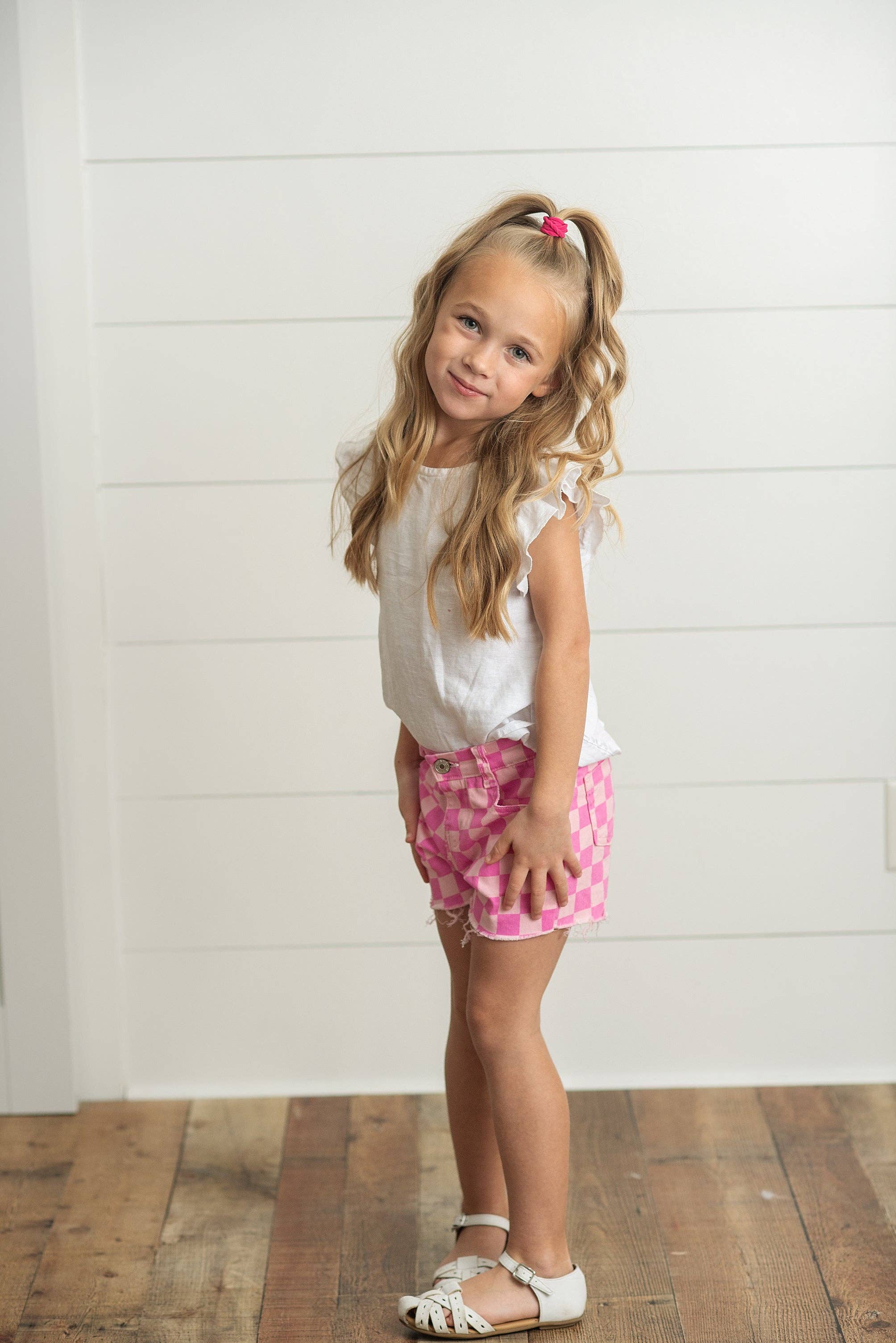 Kids Pink Checkered Denim Summer Shorts
