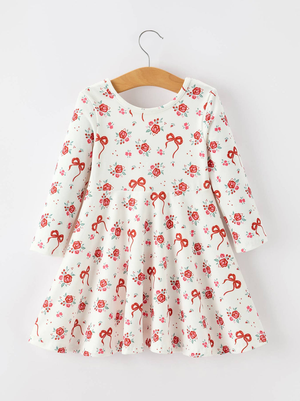 Red Rose Bow Print Twirl Girls Dress